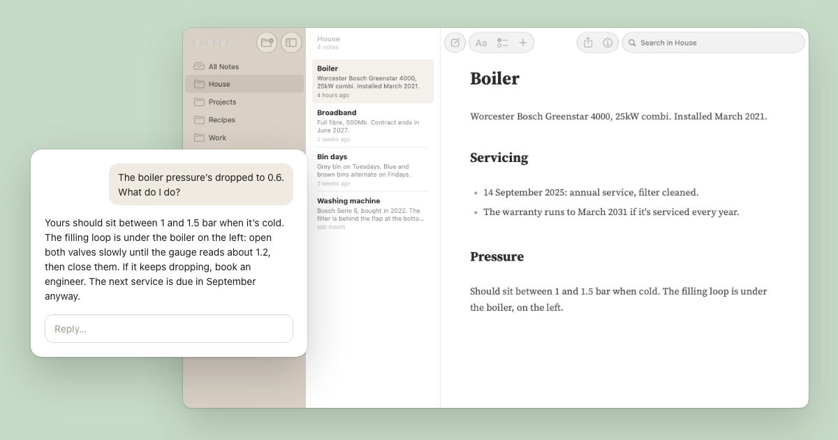 Soot with a note called Boiler open, listing the boiler’s model, servicing and pressure. Beside it, an assistant answers “The boiler pressure’s dropped to 0.6. What do I do?” using the pressure range and filling loop from the note.