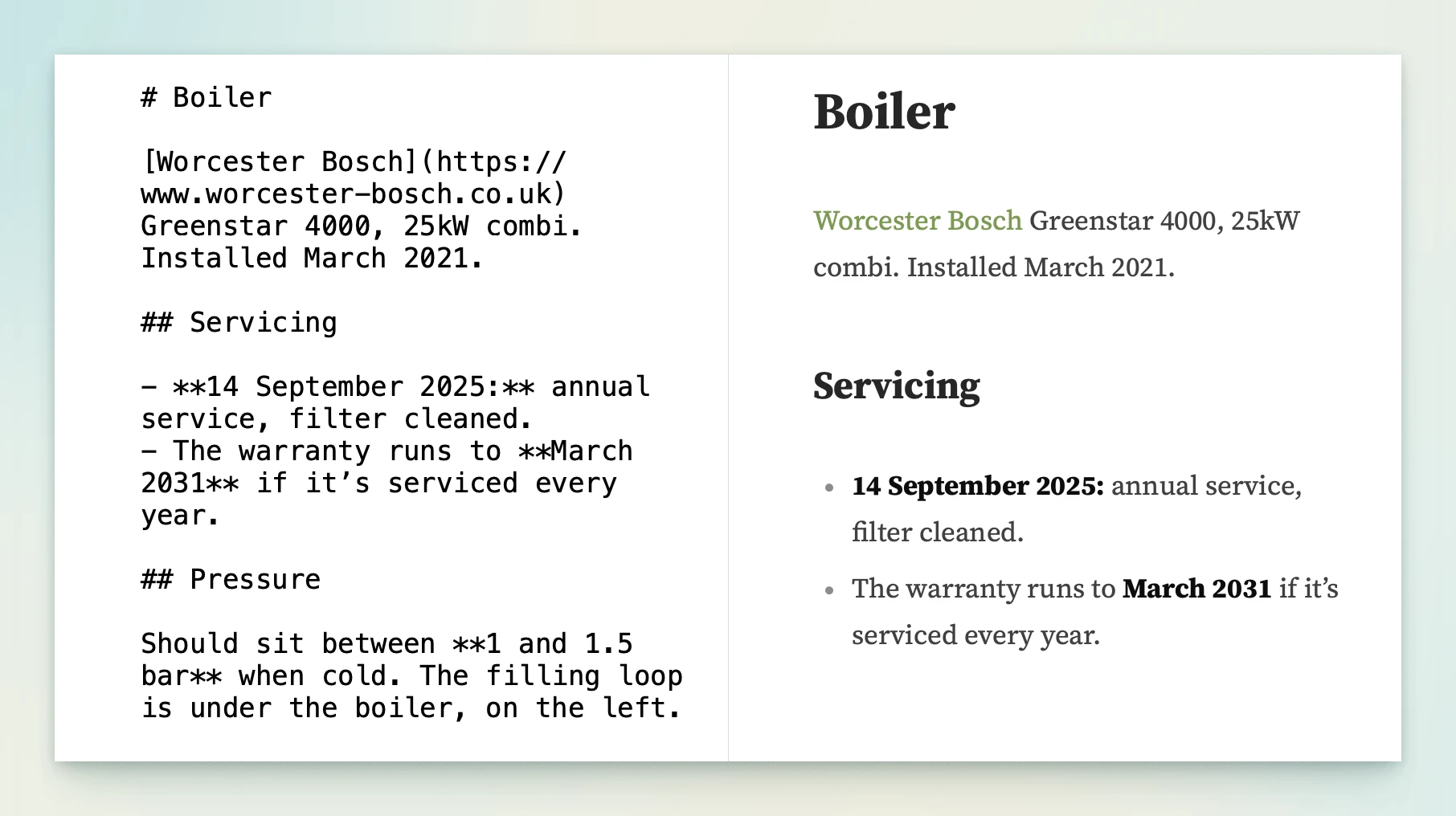 A note called Boiler twice. On the left, the Markdown file in TextEdit, with # before the headings, asterisks around the bold text and the link’s URL written out. On the right, the same note in Soot, with formatted headings, bold text and a link, and no symbols.