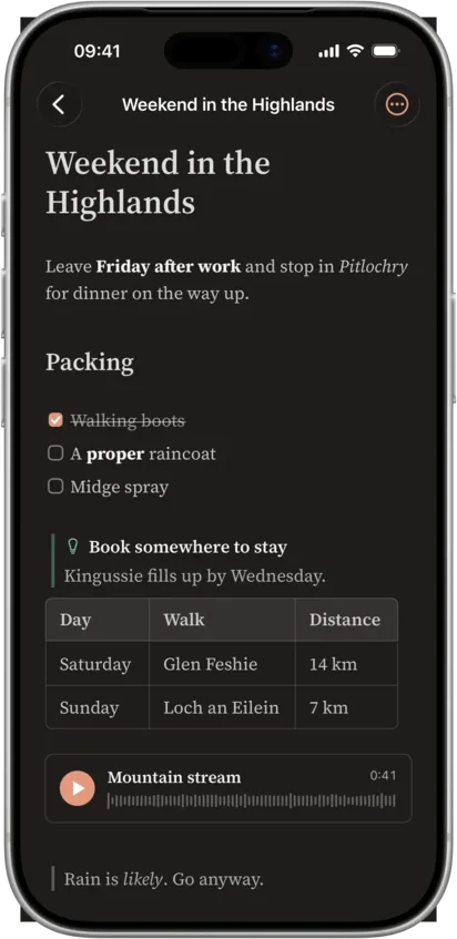 The same note on an iPhone 17 Pro in dark mode.